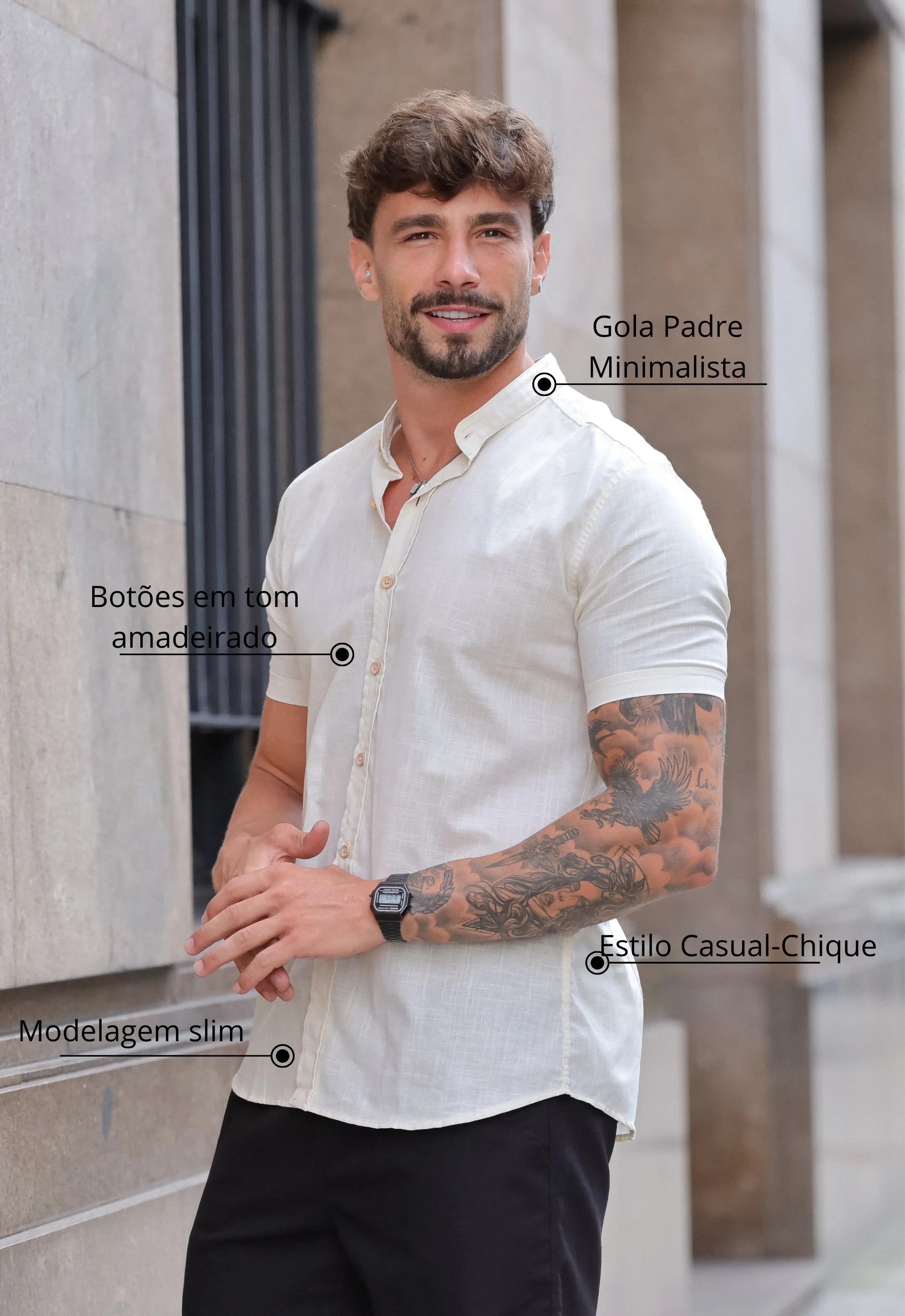 Camisa Masculina Manga Curta Gola Padre Slim Bege - Imagem 2