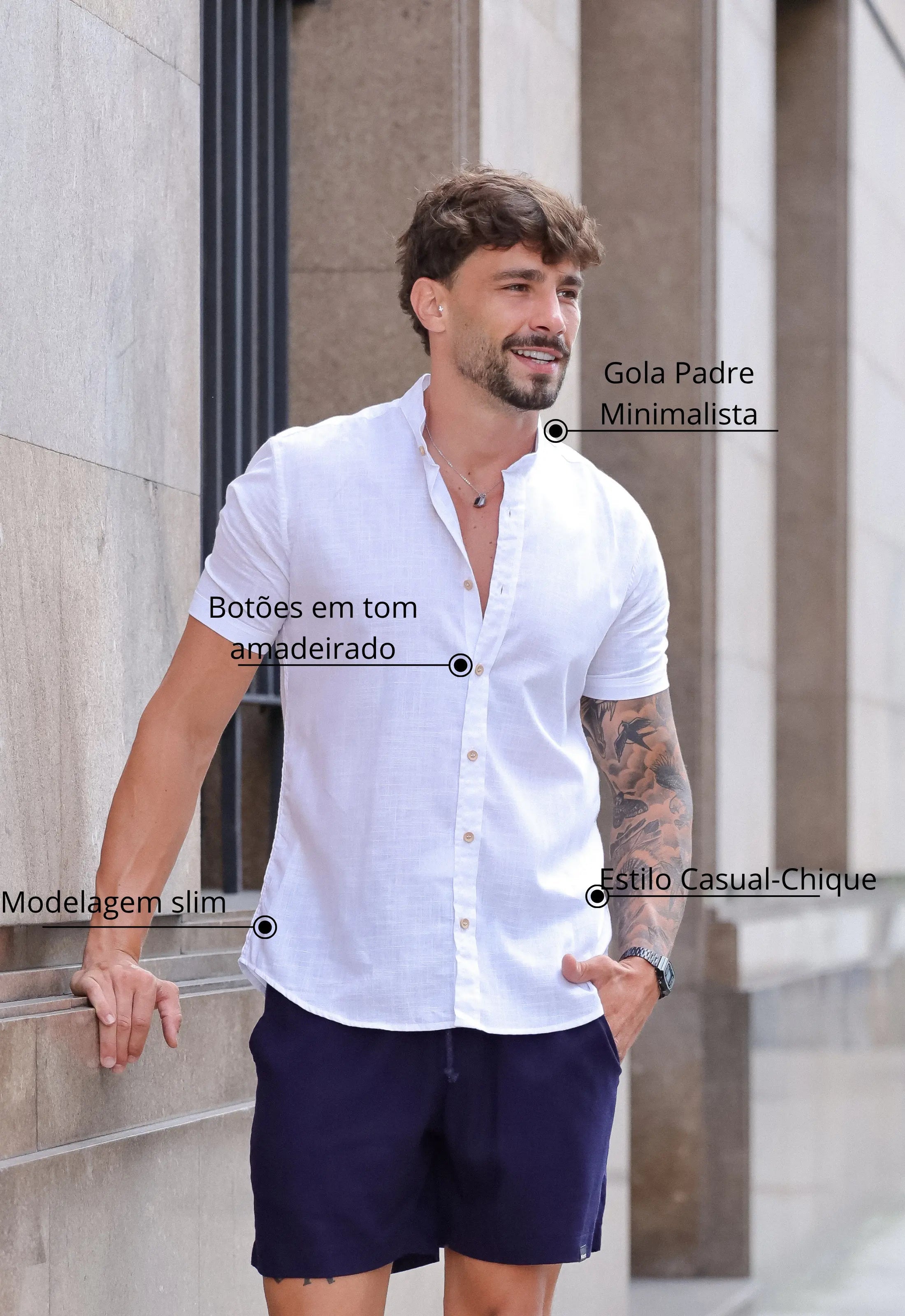 Camisa Masculina Manga Curta Gola Padre Slim Branca - Imagem 2