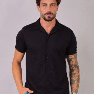 Camisa Masculina Slim Canelada Preta
