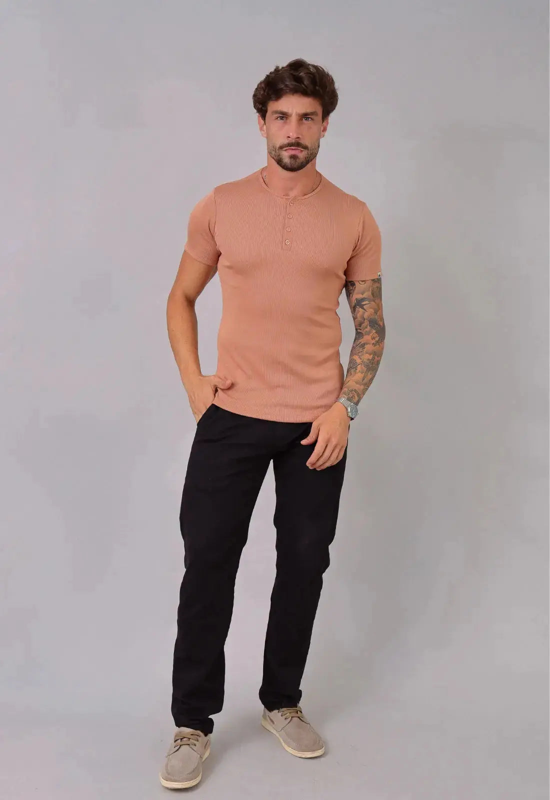 Camiseta Henley Canelada Bege - Imagem 7