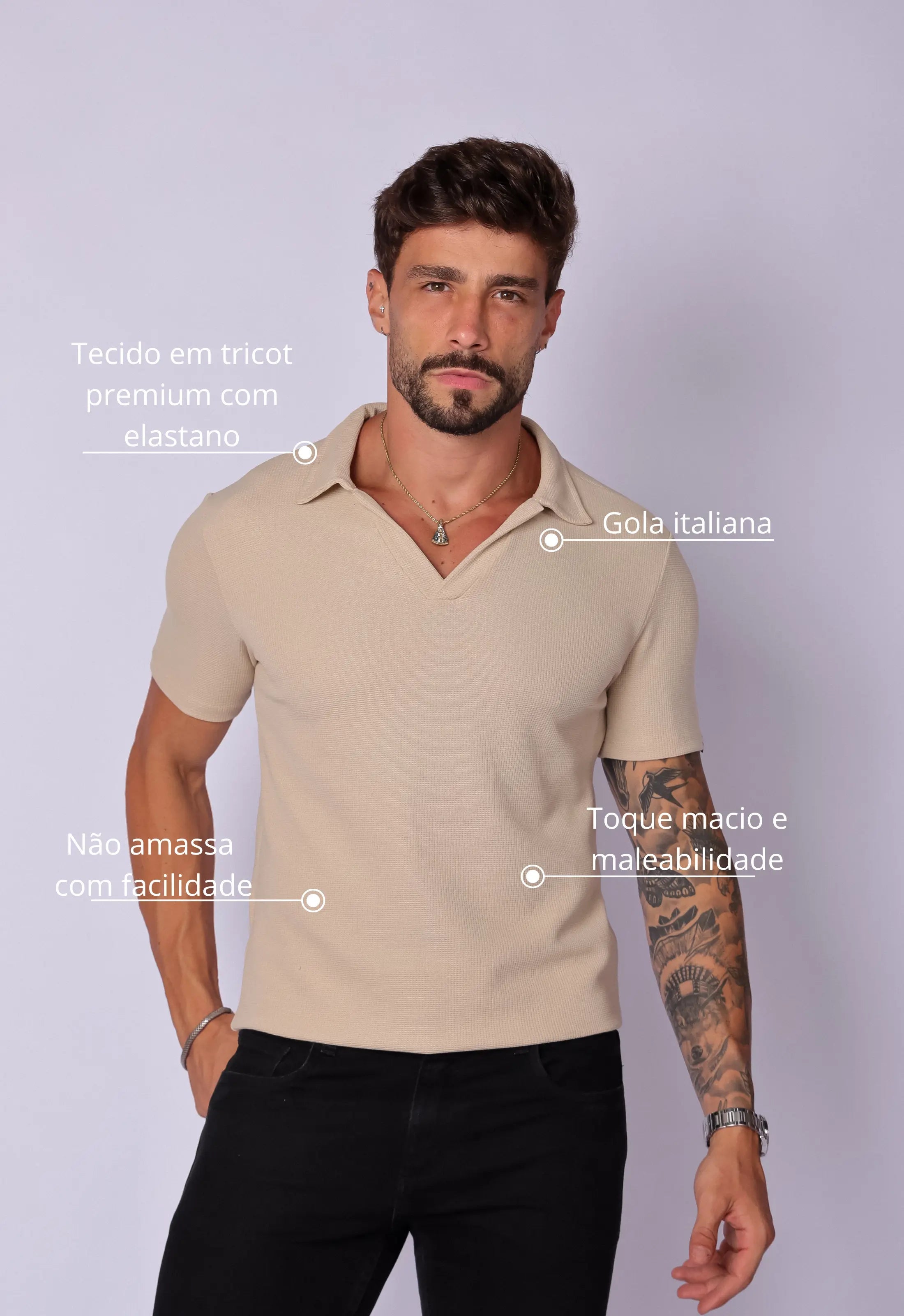 Camisa Polo Italiana Tricot Bege - Imagem 2