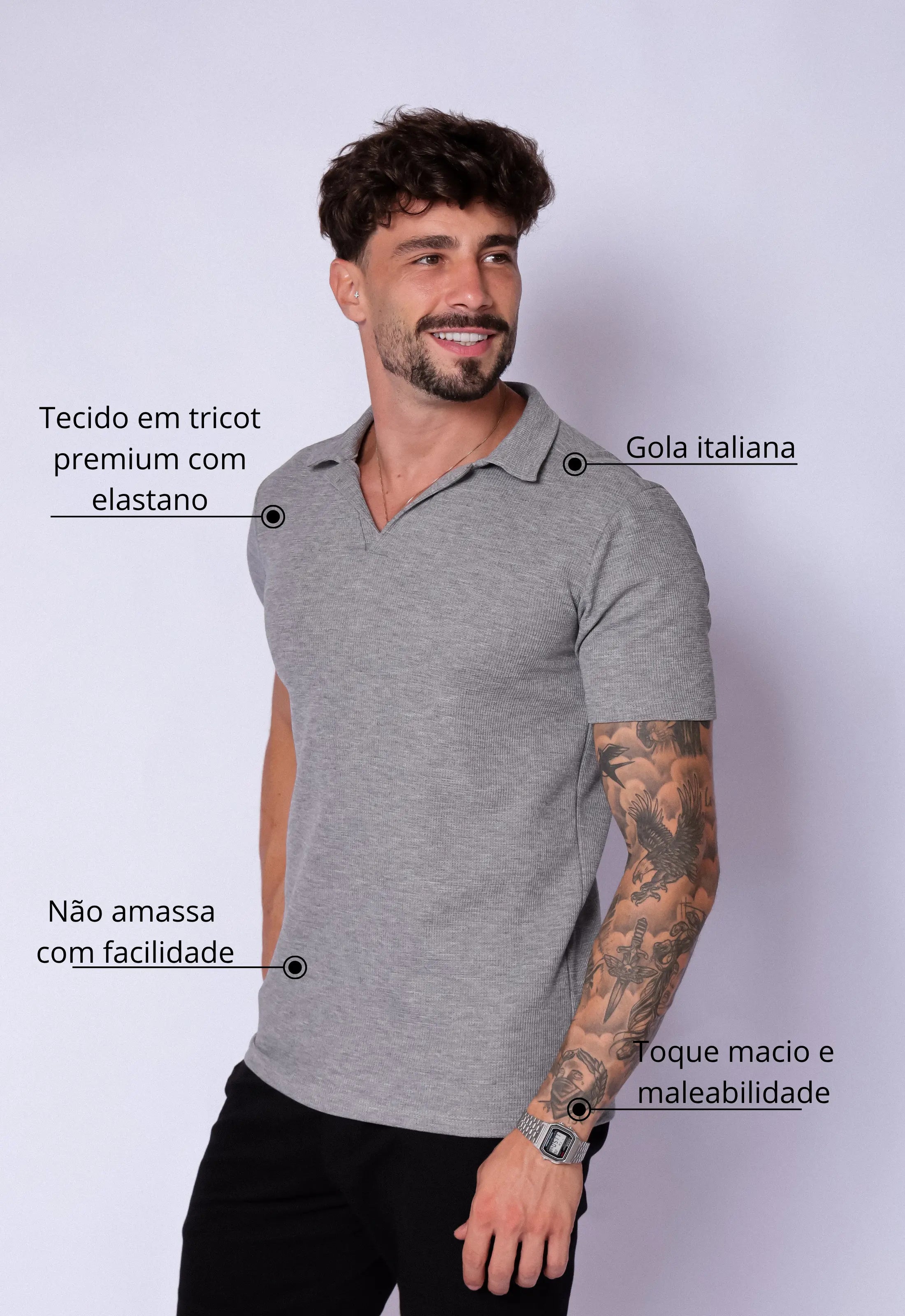 Camisa Polo Italiana Tricot Cinza - Imagem 2