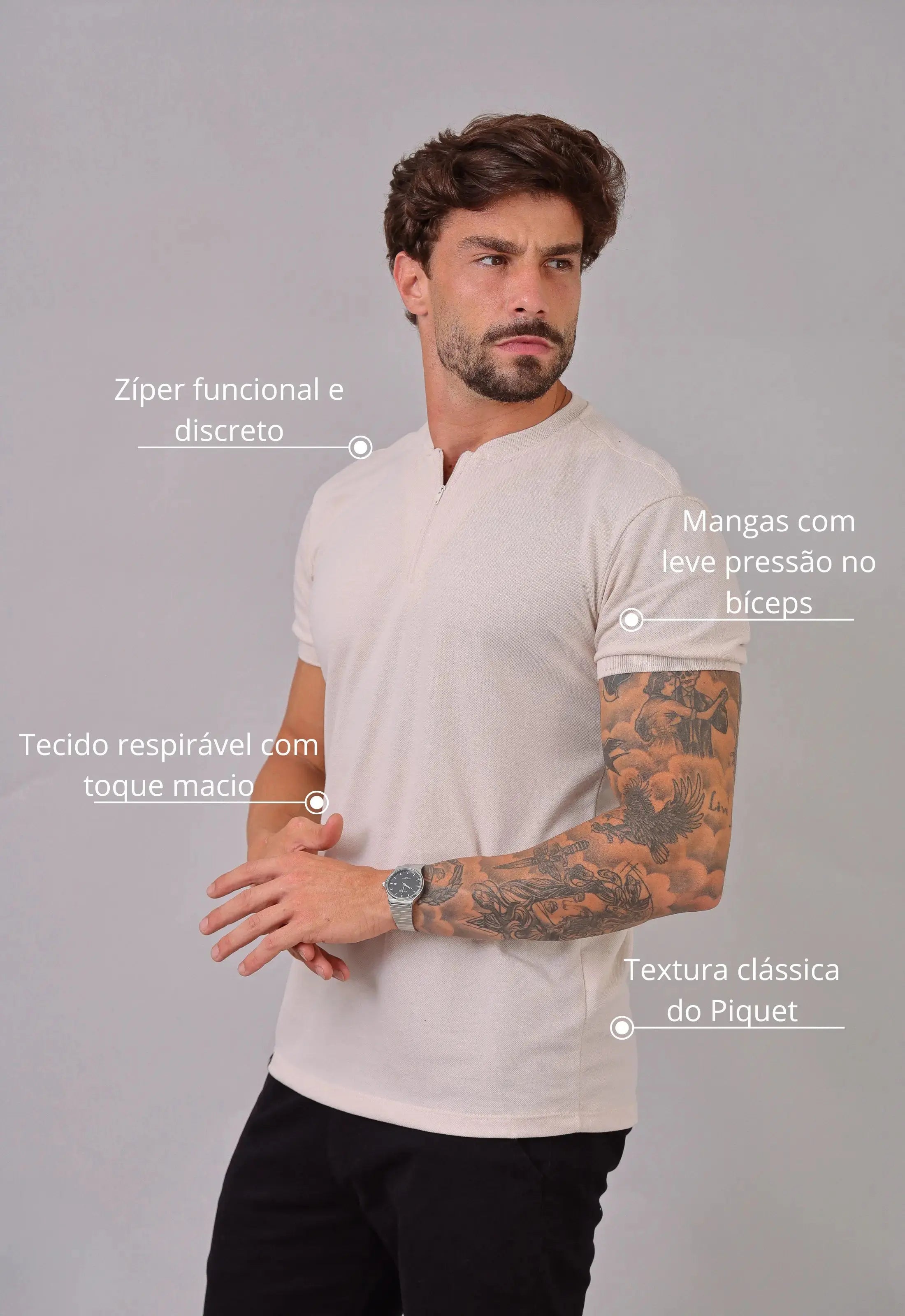 Camiseta Gola Padre Zíper Bege - Imagem 2