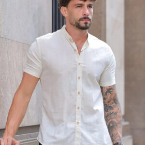 Camisa Masculina Manga Curta Gola Padre Slim Bege