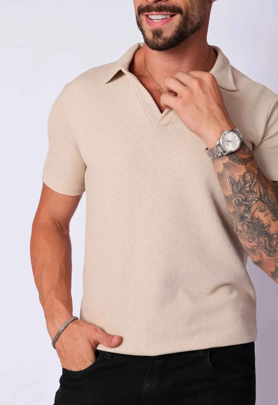 Camisa Polo Italiana Tricot Bege - Imagem 7