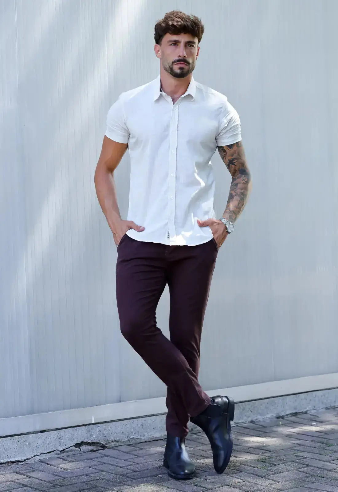 Camisa Masculina Manga Curta Flame Slim Bege - Imagem 4