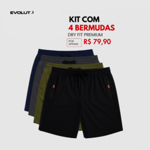 Kit 4 Bermudas DryFit Premium Evolut Performance, Secagem rápida, Bolso com Zíper e Ajuste Anatômico | FRETE GRÁTIS